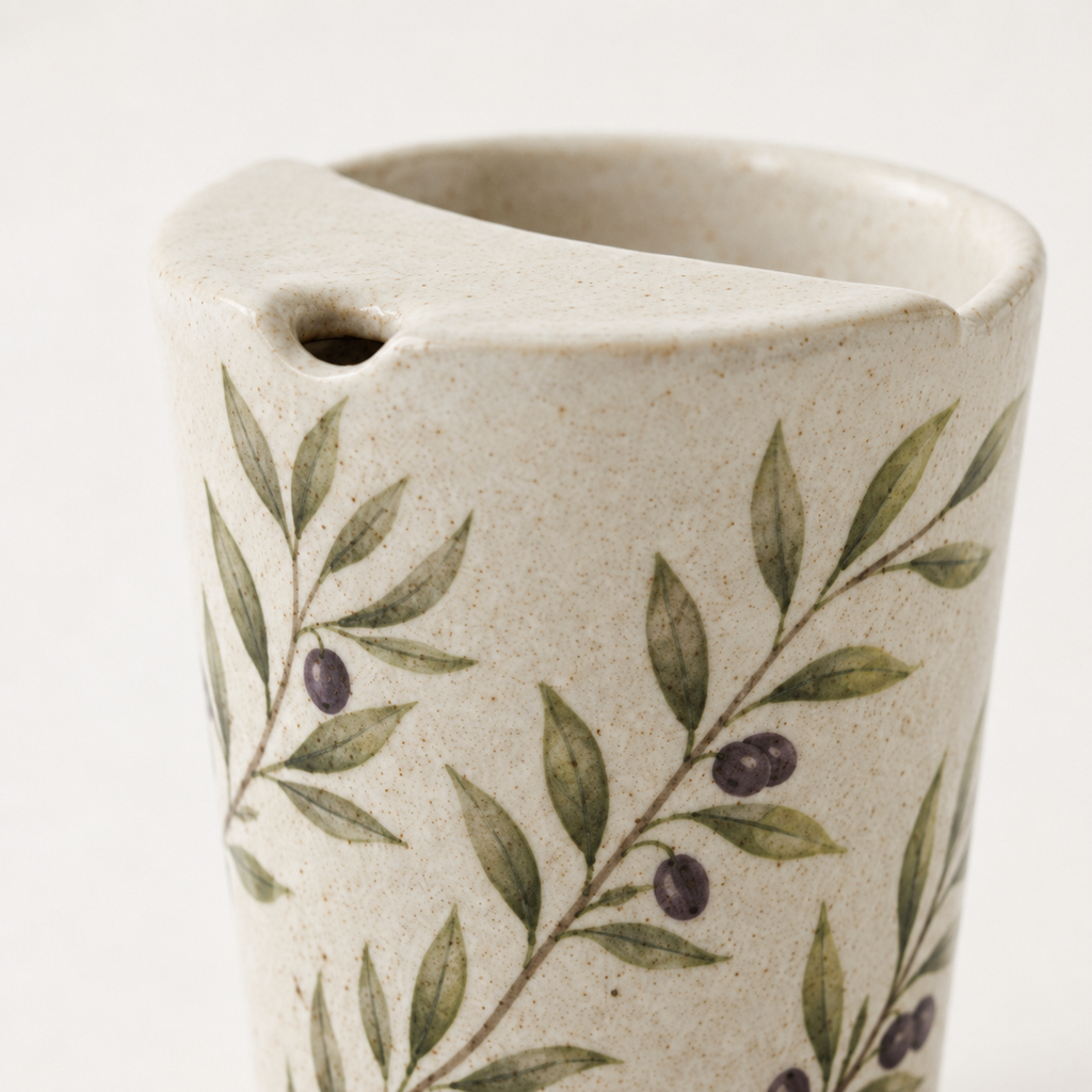Hand Painted Olive Branch Ceramic Travel Mug, Botanical Pottery Tumbler with Sip Opening, Mediterranean Coffee Cup