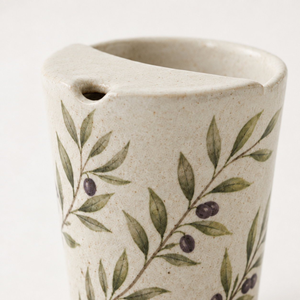 Hand Painted Olive Branch Ceramic Travel Mug, Botanical Pottery Tumbler with Sip Opening, Mediterranean Coffee Cup