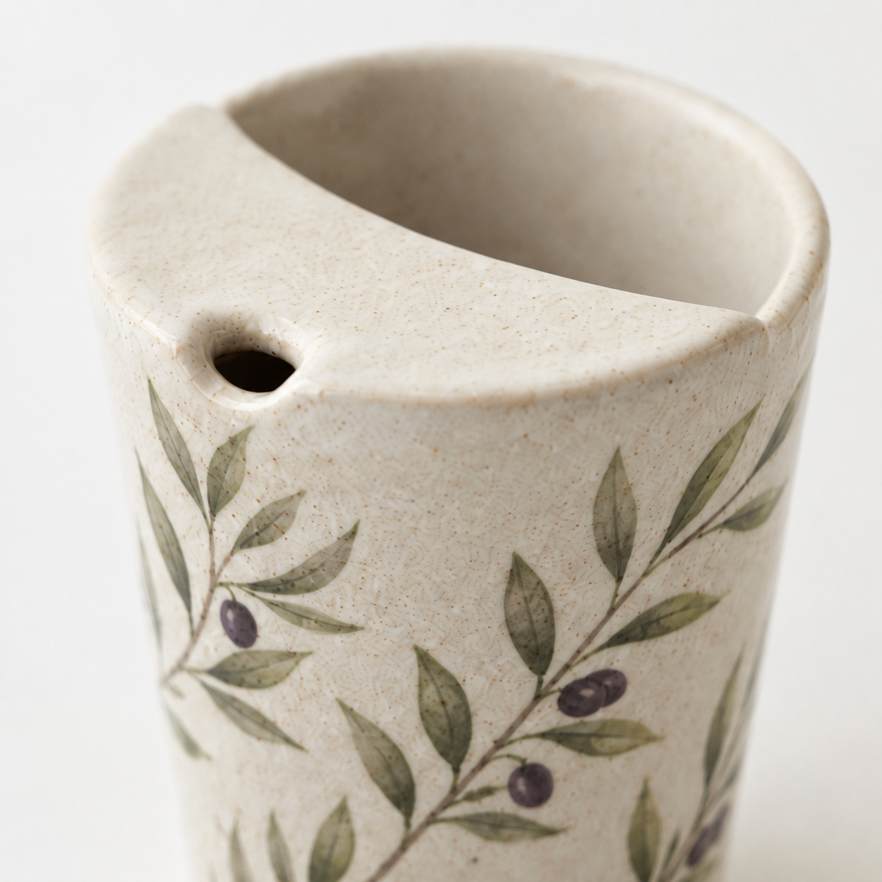Hand Painted Olive Branch Ceramic Travel Mug, Botanical Pottery Tumbler with Sip Opening, Mediterranean Coffee Cup