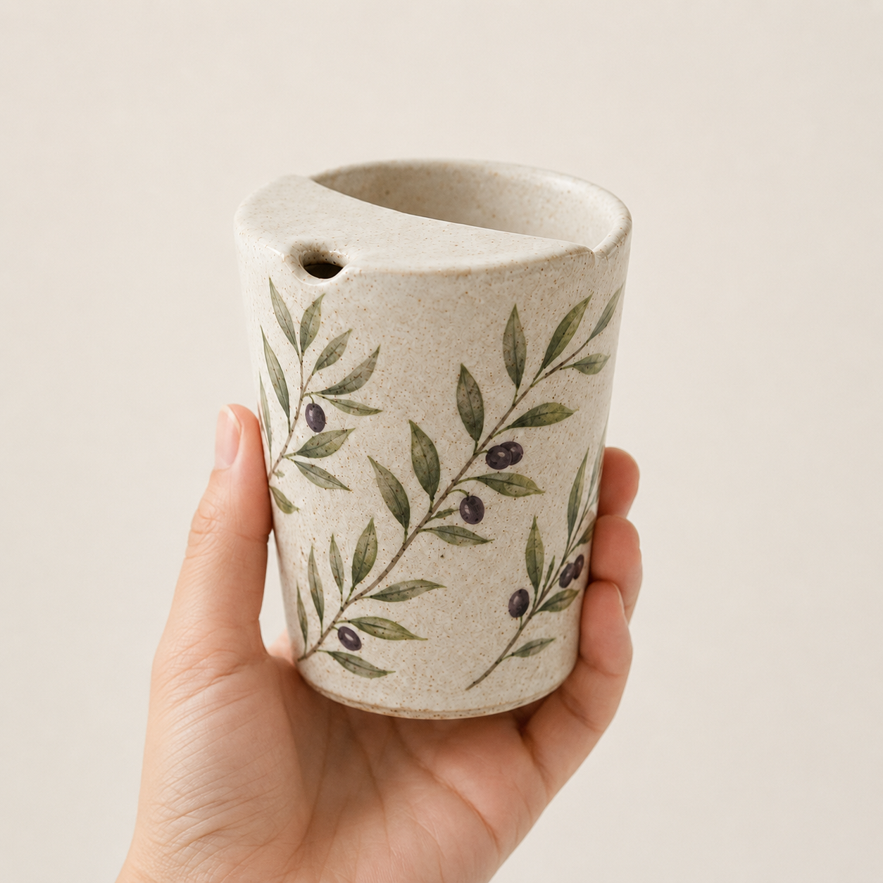 Hand Painted Olive Branch Ceramic Travel Mug, Botanical Pottery Tumbler with Sip Opening, Mediterranean Coffee Cup