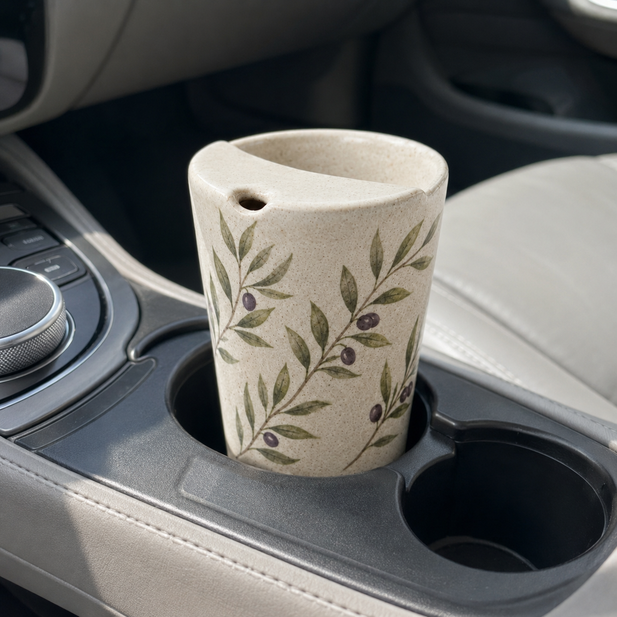 Hand Painted Olive Branch Ceramic Travel Mug, Botanical Pottery Tumbler with Sip Opening, Mediterranean Coffee Cup