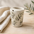 Hand Painted Olive Branch Ceramic Travel Mug, Botanical Pottery Tumbler with Sip Opening, Mediterranean Coffee Cup