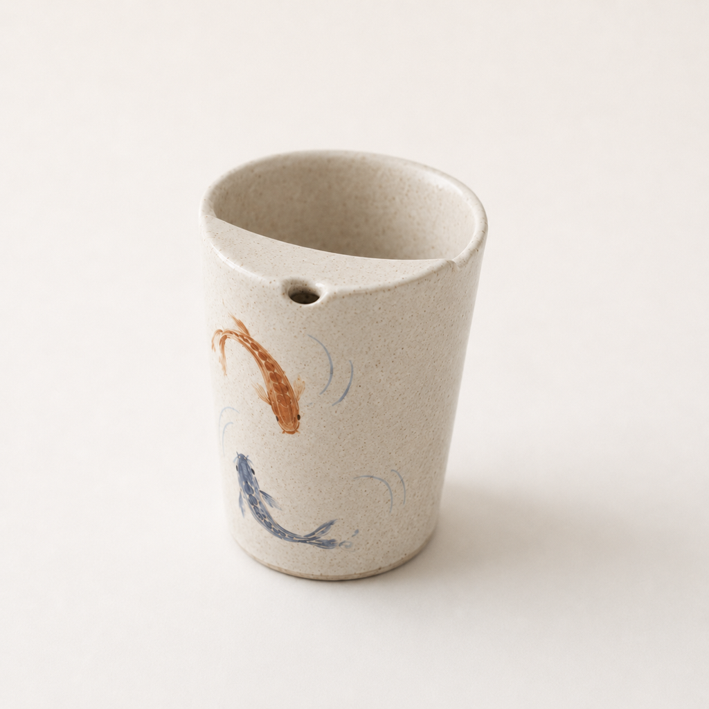 Hand Painted Koi Fish Ceramic Travel Mug, Japanese Pottery Tumbler with Sip Opening, Minimal Fish Coffee Cup