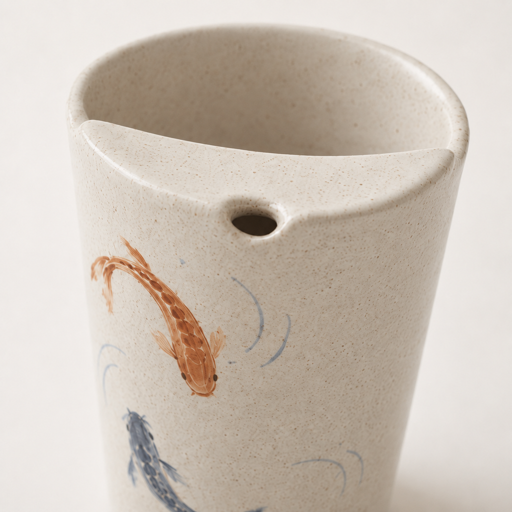 Hand Painted Koi Fish Ceramic Travel Mug, Japanese Pottery Tumbler with Sip Opening, Minimal Fish Coffee Cup