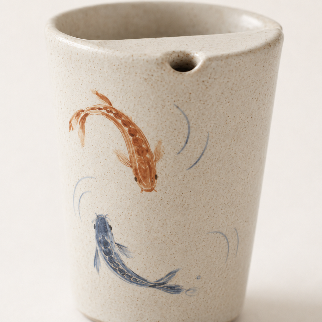Hand Painted Koi Fish Ceramic Travel Mug, Japanese Pottery Tumbler with Sip Opening, Minimal Fish Coffee Cup
