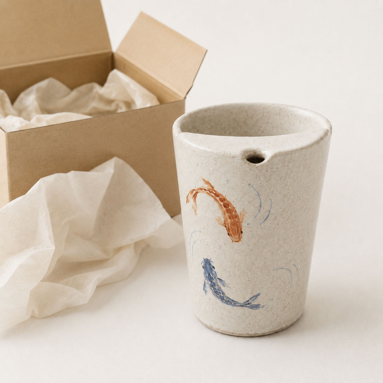 Hand Painted Koi Fish Ceramic Travel Mug, Japanese Pottery Tumbler with Sip Opening, Minimal Fish Coffee Cup