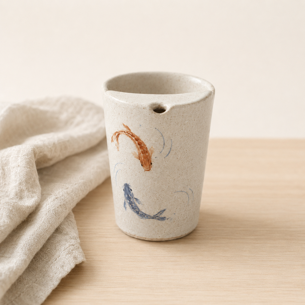 Hand Painted Koi Fish Ceramic Travel Mug, Japanese Pottery Tumbler with Sip Opening, Minimal Fish Coffee Cup