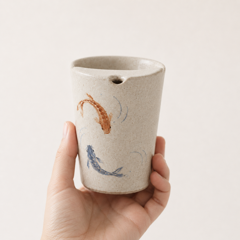 Hand Painted Koi Fish Ceramic Travel Mug, Japanese Pottery Tumbler with Sip Opening, Minimal Fish Coffee Cup