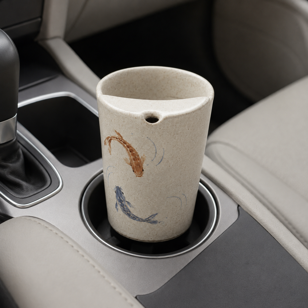Hand Painted Koi Fish Ceramic Travel Mug, Japanese Pottery Tumbler with Sip Opening, Minimal Fish Coffee Cup