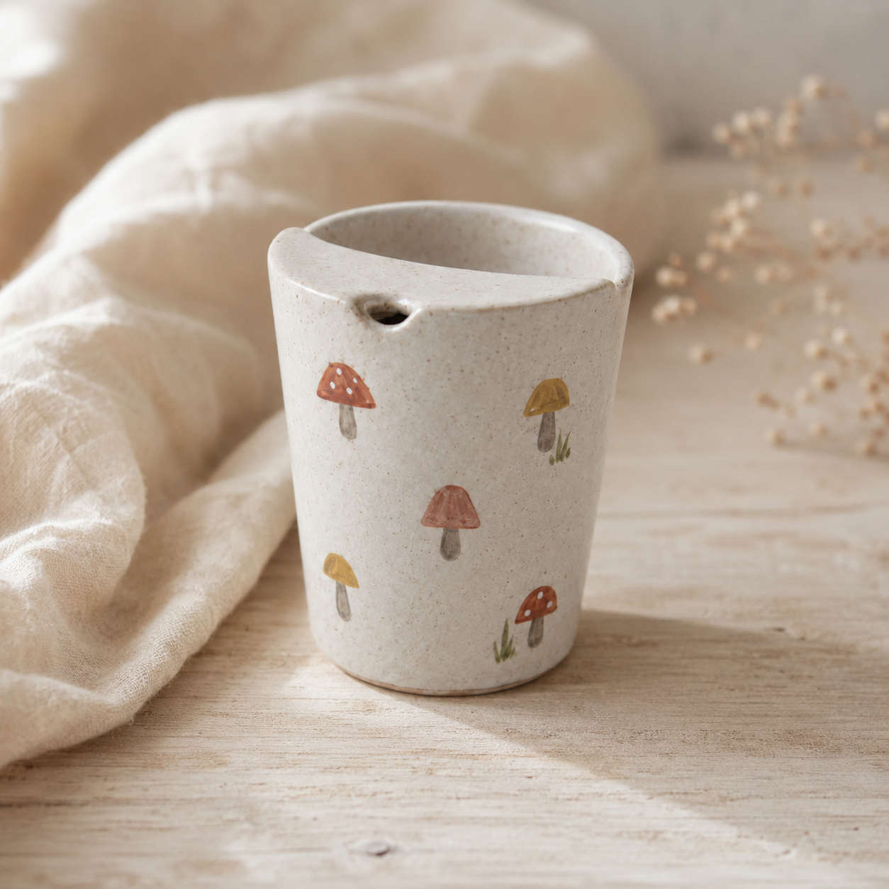 Hand Painted Mushroom Ceramic Travel Mug, Woodland Pottery Tumbler with Sip Opening, Cottagecore Coffee Cup