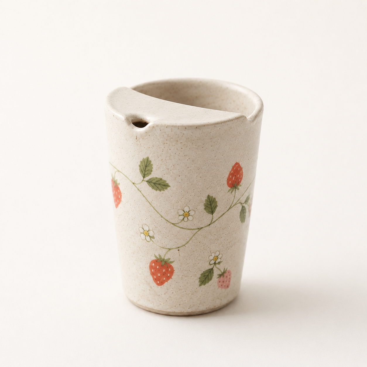 Hand Painted Strawberry Ceramic Travel Mug, Cottagecore Pottery Tumbler with Sip Opening, Fruit Coffee Cup