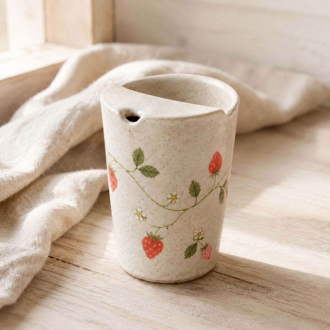 Hand Painted Strawberry Ceramic Travel Mug, Cottagecore Pottery Tumbler with Sip Opening, Fruit Coffee Cup