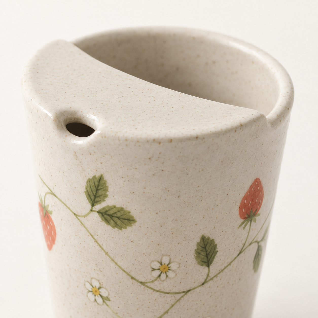 Hand Painted Strawberry Ceramic Travel Mug, Cottagecore Pottery Tumbler with Sip Opening, Fruit Coffee Cup