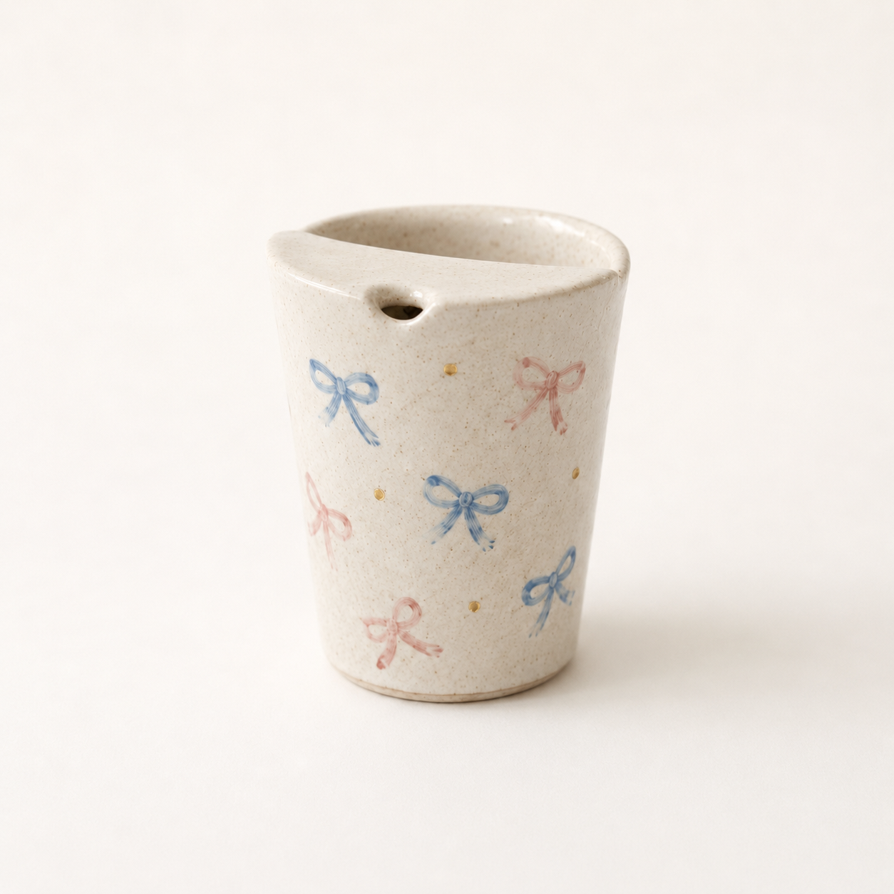 Hand Painted Bow Ceramic Travel Mug, Coquette Pottery Tumbler with Sip Opening, Pink and Blue Ribbon Coffee Cup