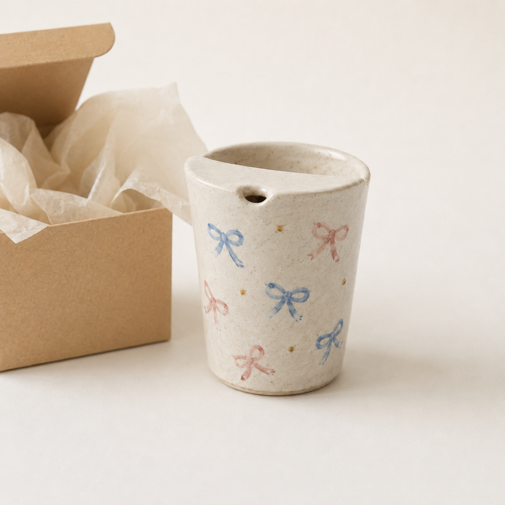 Hand Painted Bow Ceramic Travel Mug, Coquette Pottery Tumbler with Sip Opening, Pink and Blue Ribbon Coffee Cup