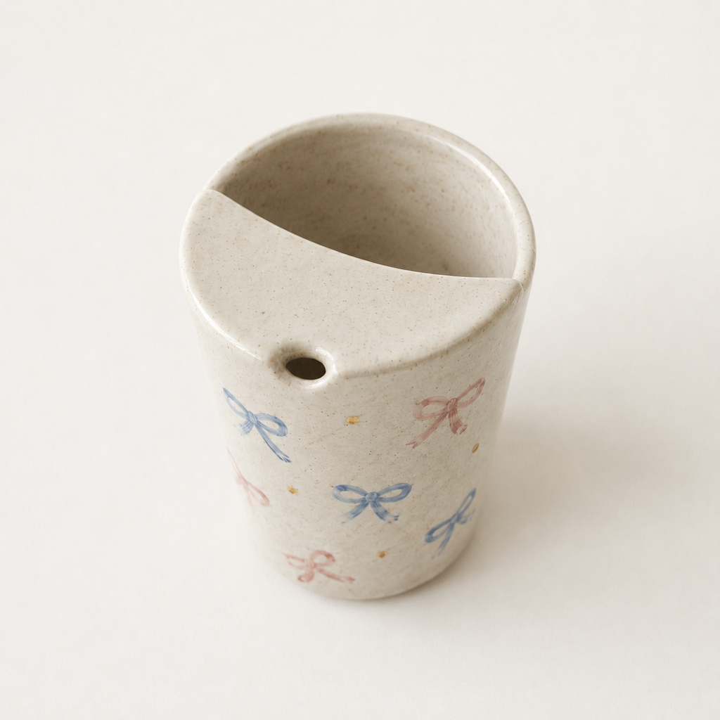 Hand Painted Bow Ceramic Travel Mug, Coquette Pottery Tumbler with Sip Opening, Pink and Blue Ribbon Coffee Cup