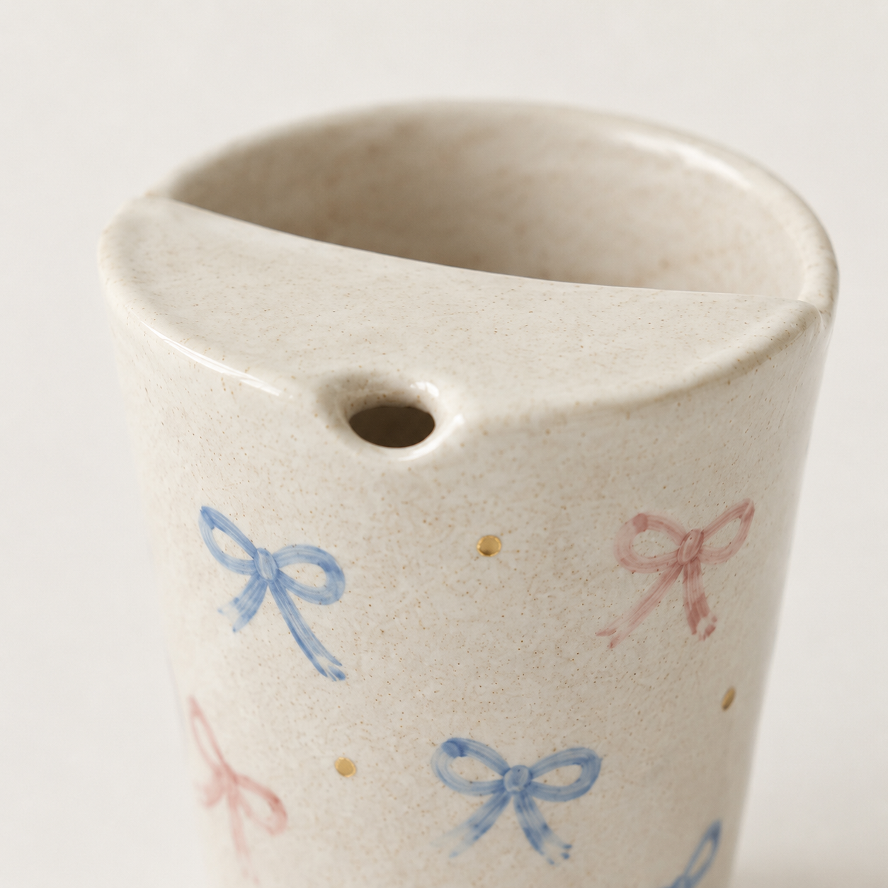 Hand Painted Bow Ceramic Travel Mug, Coquette Pottery Tumbler with Sip Opening, Pink and Blue Ribbon Coffee Cup