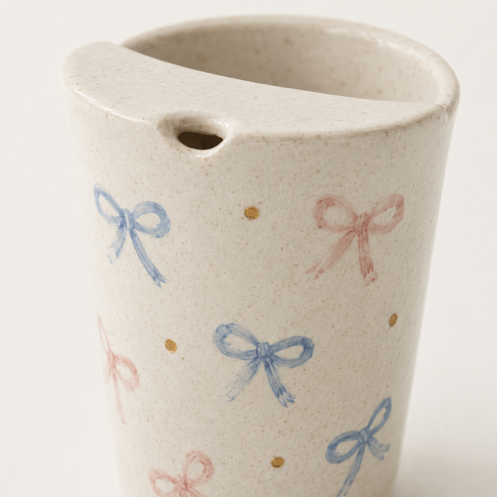 Hand Painted Bow Ceramic Travel Mug, Coquette Pottery Tumbler with Sip Opening, Pink and Blue Ribbon Coffee Cup