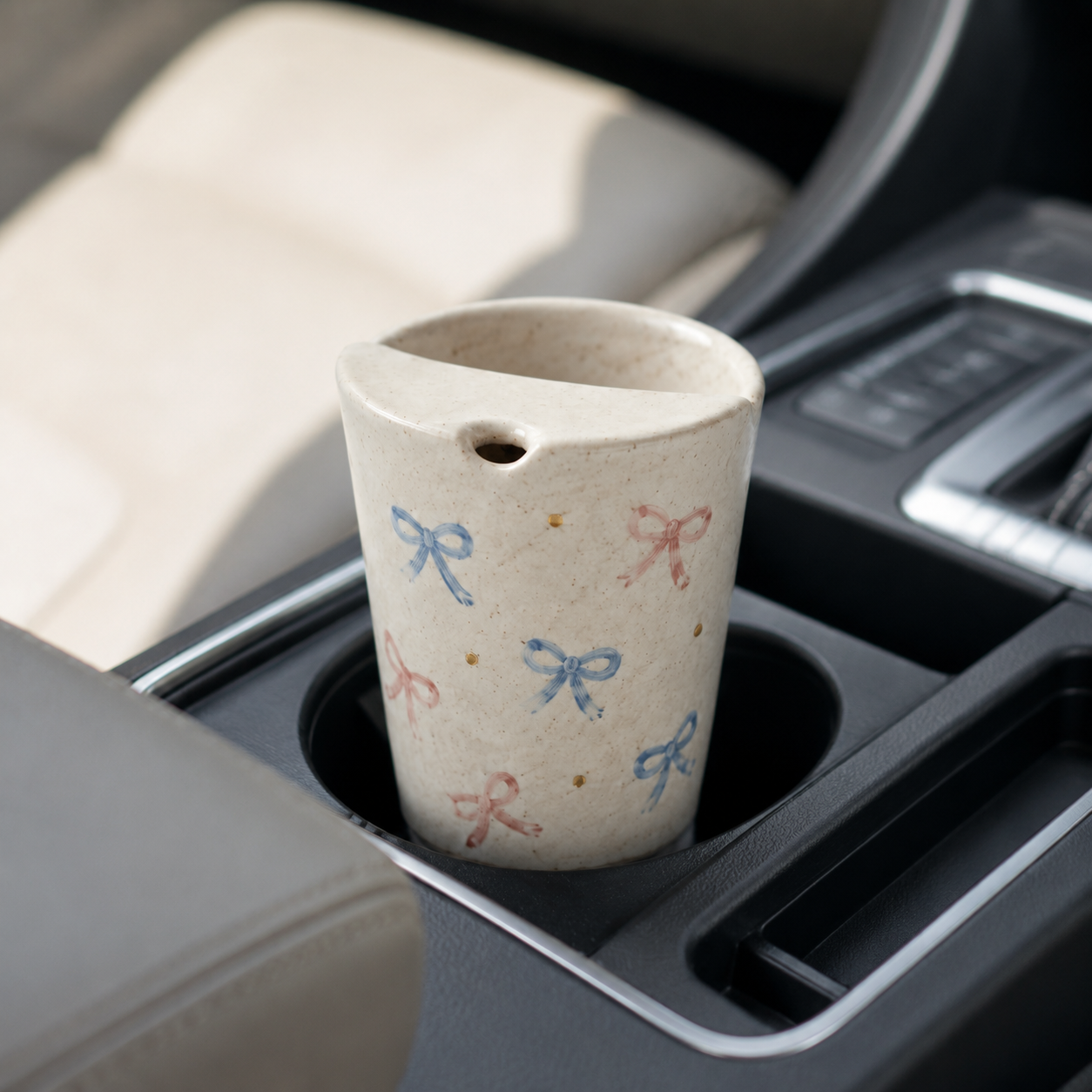Hand Painted Bow Ceramic Travel Mug, Coquette Pottery Tumbler with Sip Opening, Pink and Blue Ribbon Coffee Cup