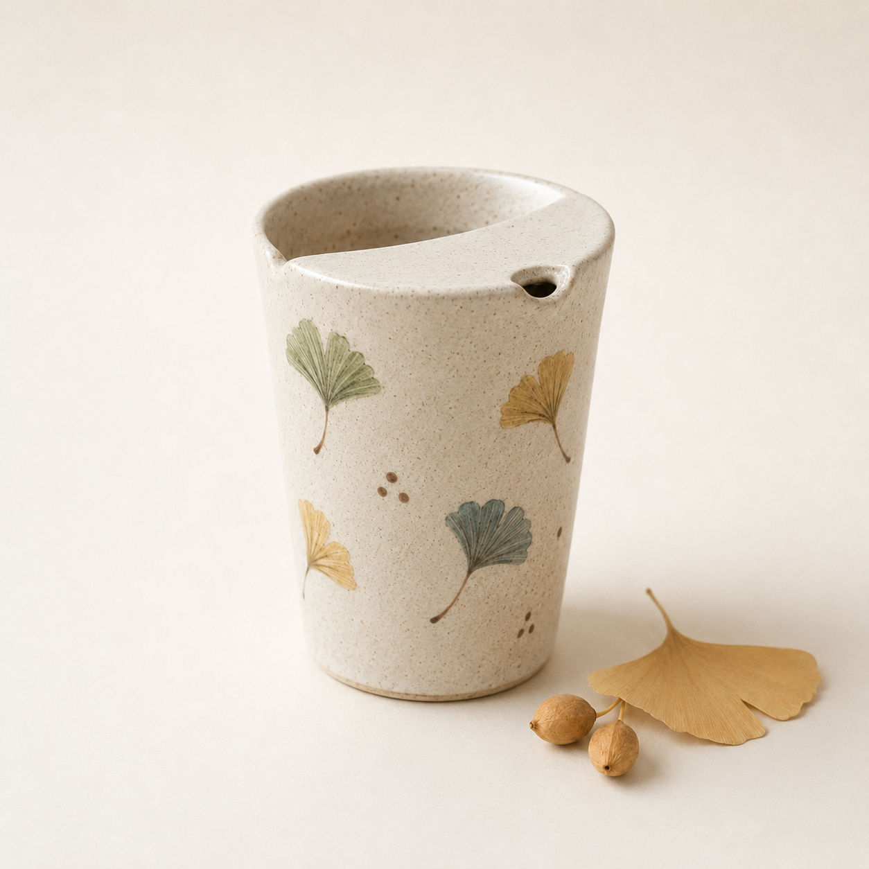 Hand-Painted Ginkgo Leaf Ceramic Travel Mug