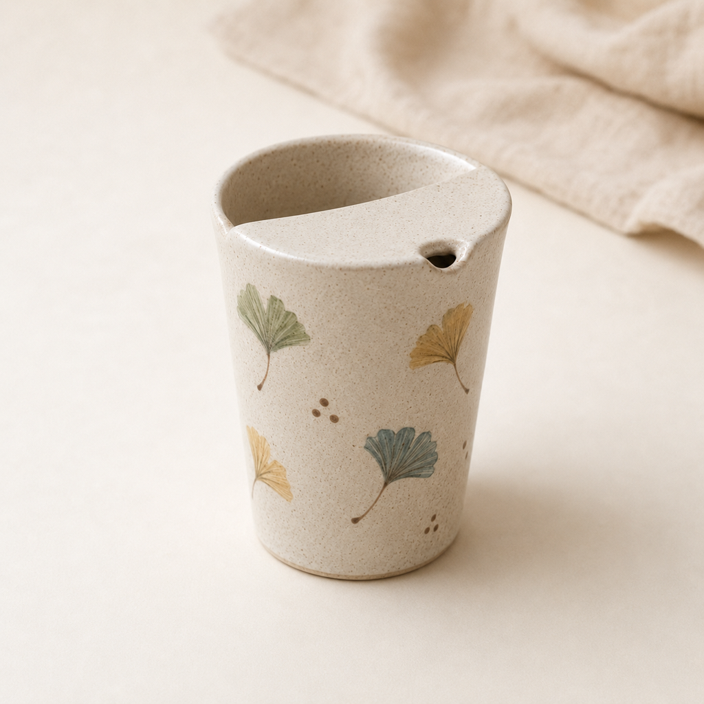 Hand-Painted Ginkgo Leaf Ceramic Travel Mug