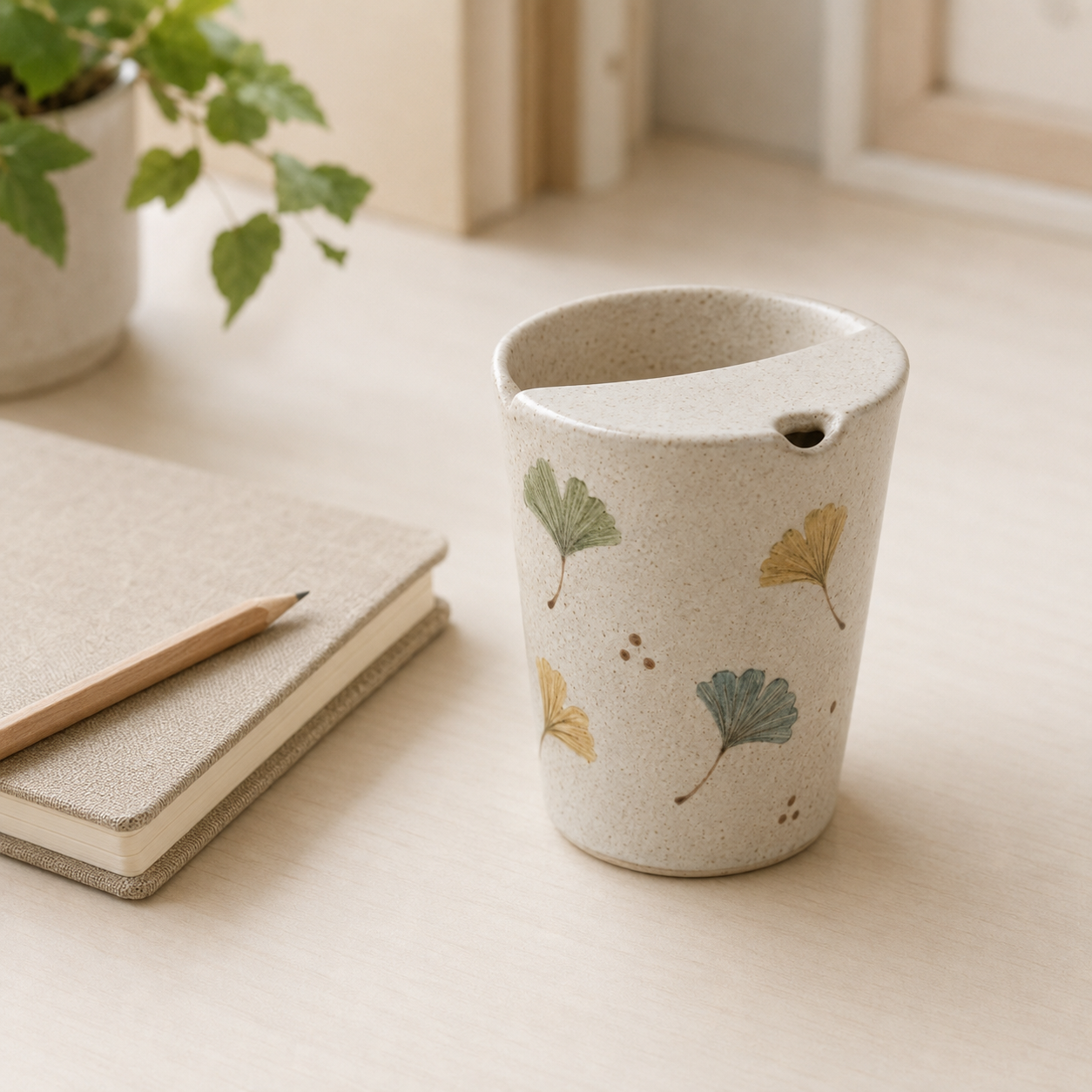 Hand-Painted Ginkgo Leaf Ceramic Travel Mug