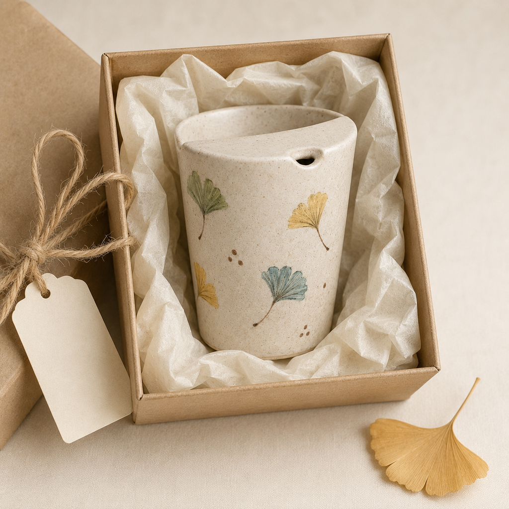 Hand-Painted Ginkgo Leaf Ceramic Travel Mug