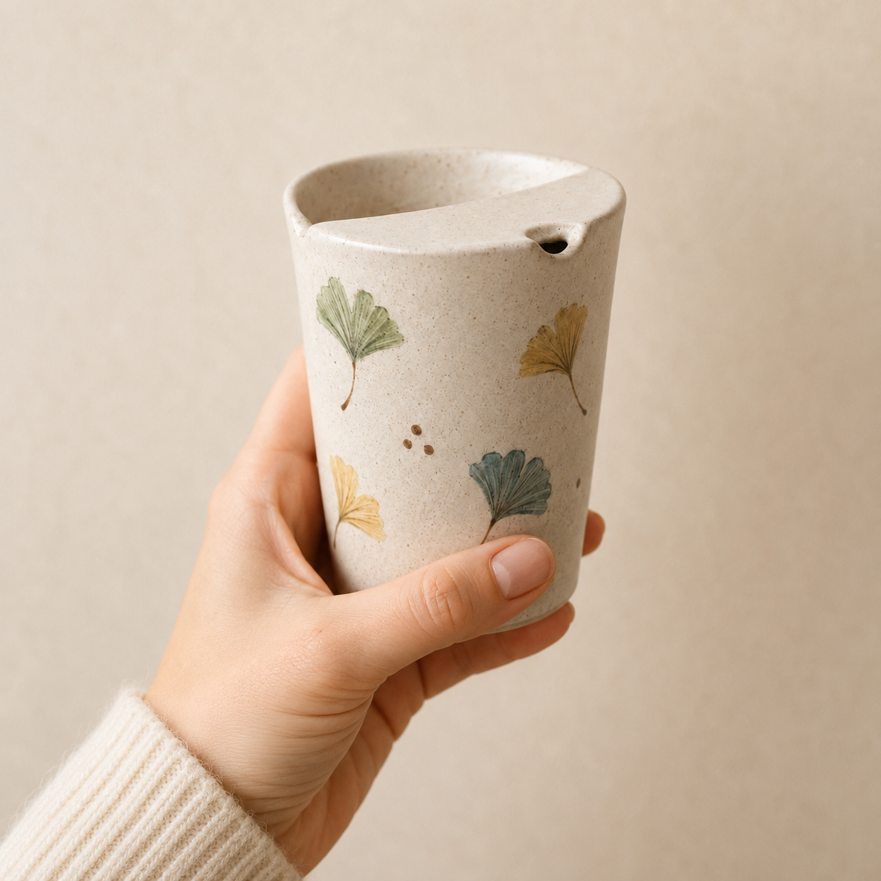 Hand-Painted Ginkgo Leaf Ceramic Travel Mug