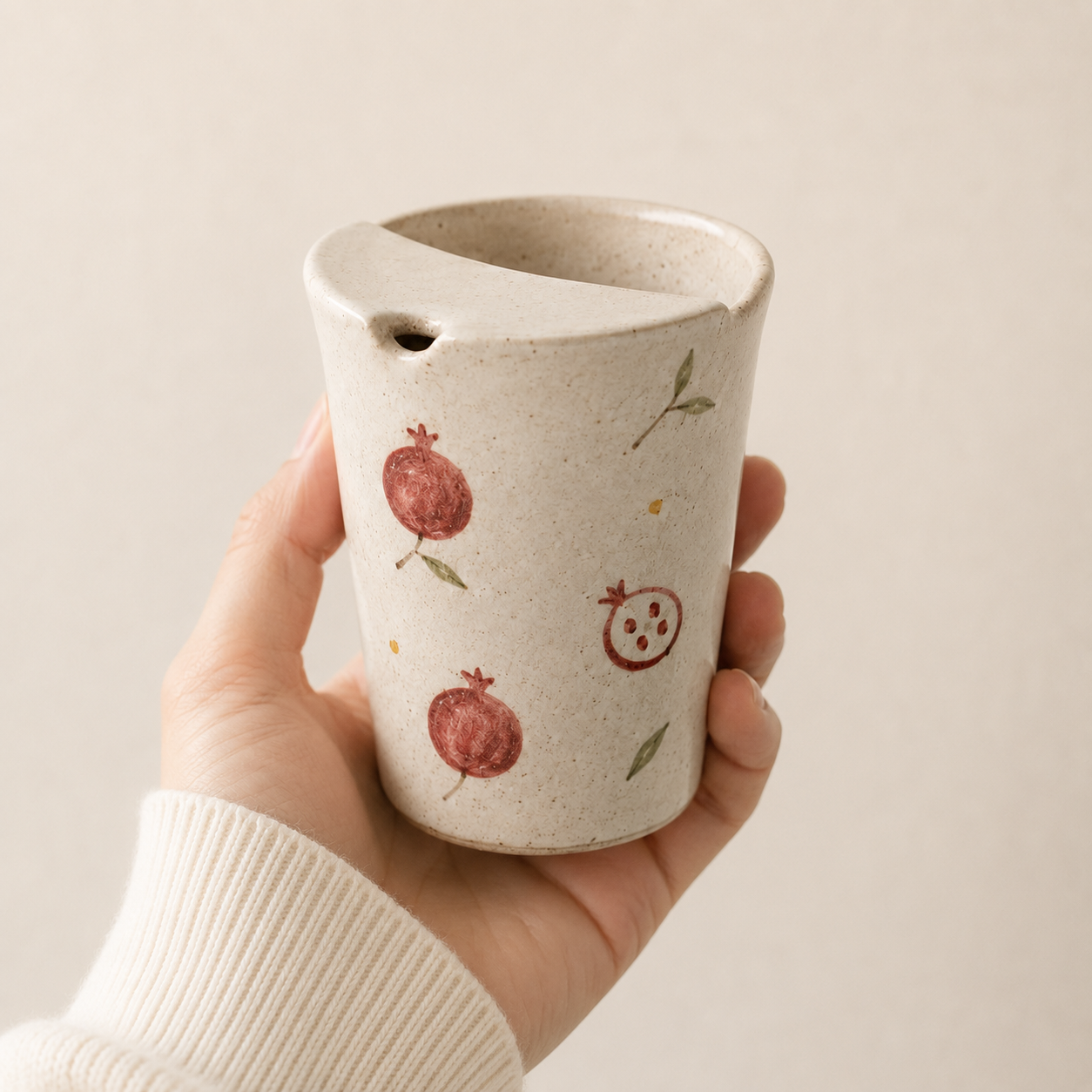 Hand-Painted Pomegranate Ceramic Mug with Sip Lid