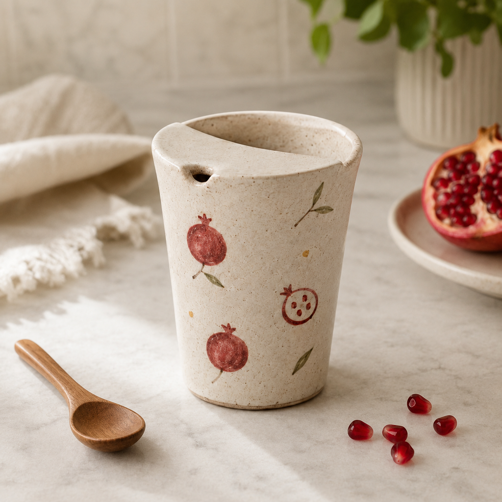 Hand-Painted Pomegranate Ceramic Mug with Sip Lid