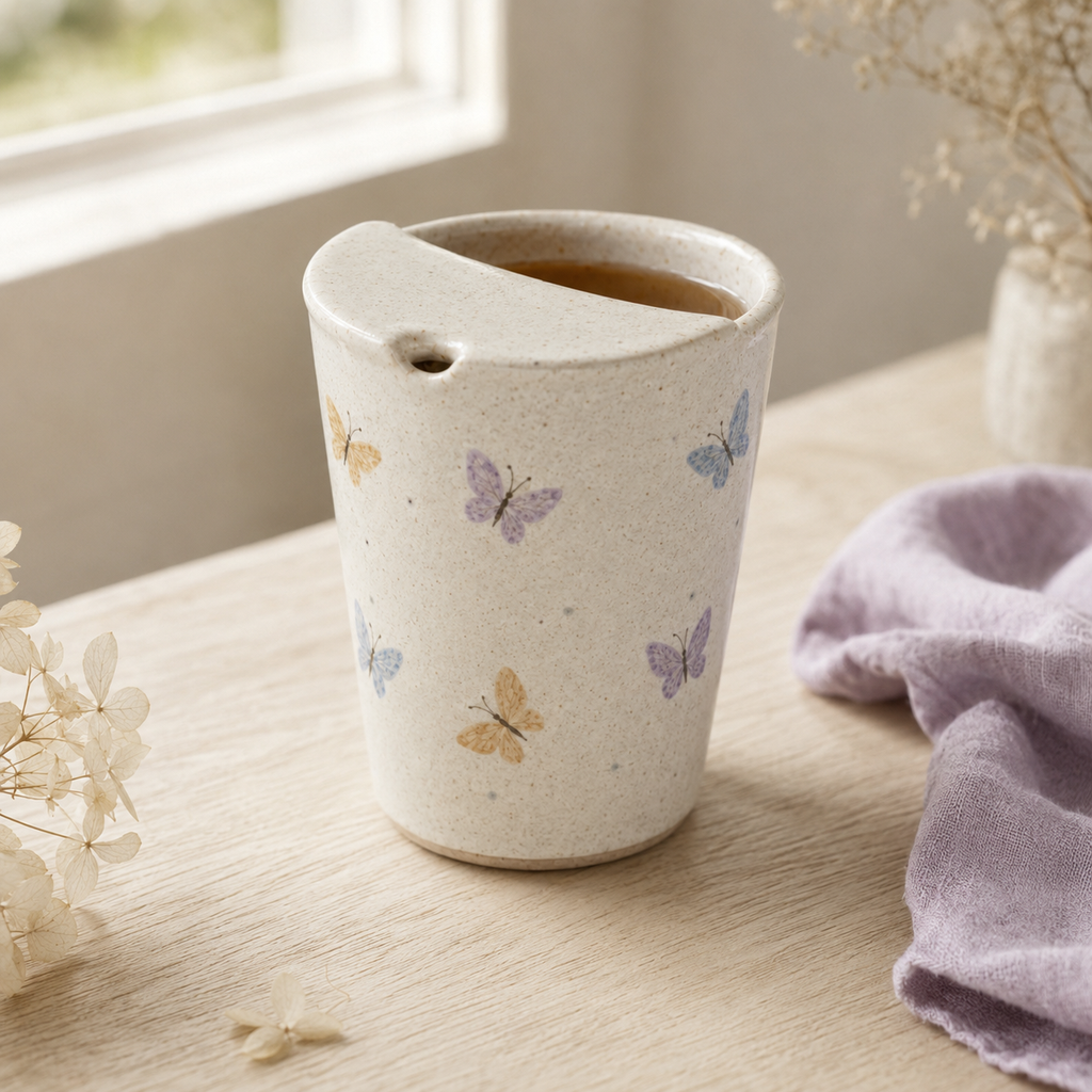 Hand-Painted Butterfly Ceramic Travel Mug