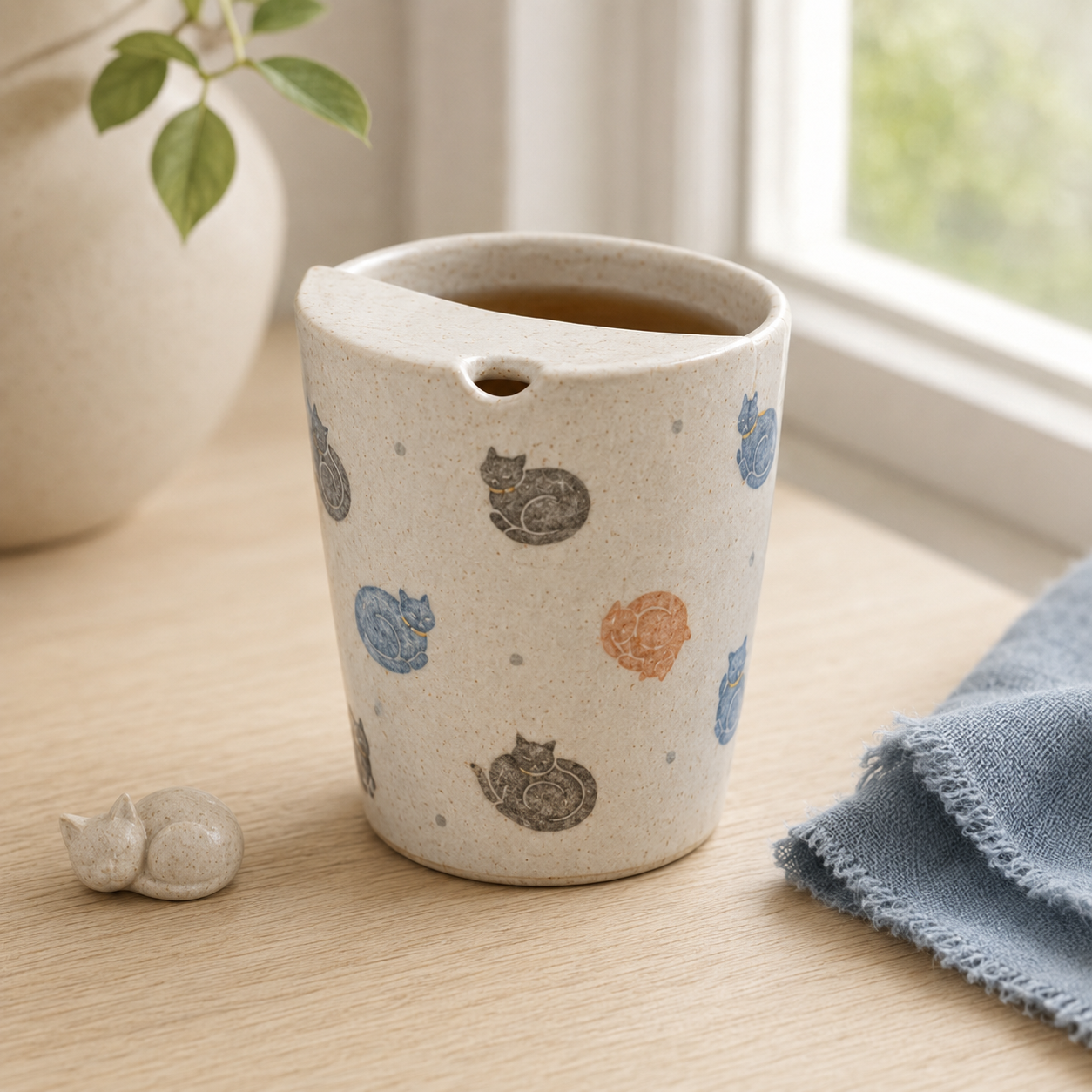 Hand-Painted Sleeping Cat Ceramic Travel Mug