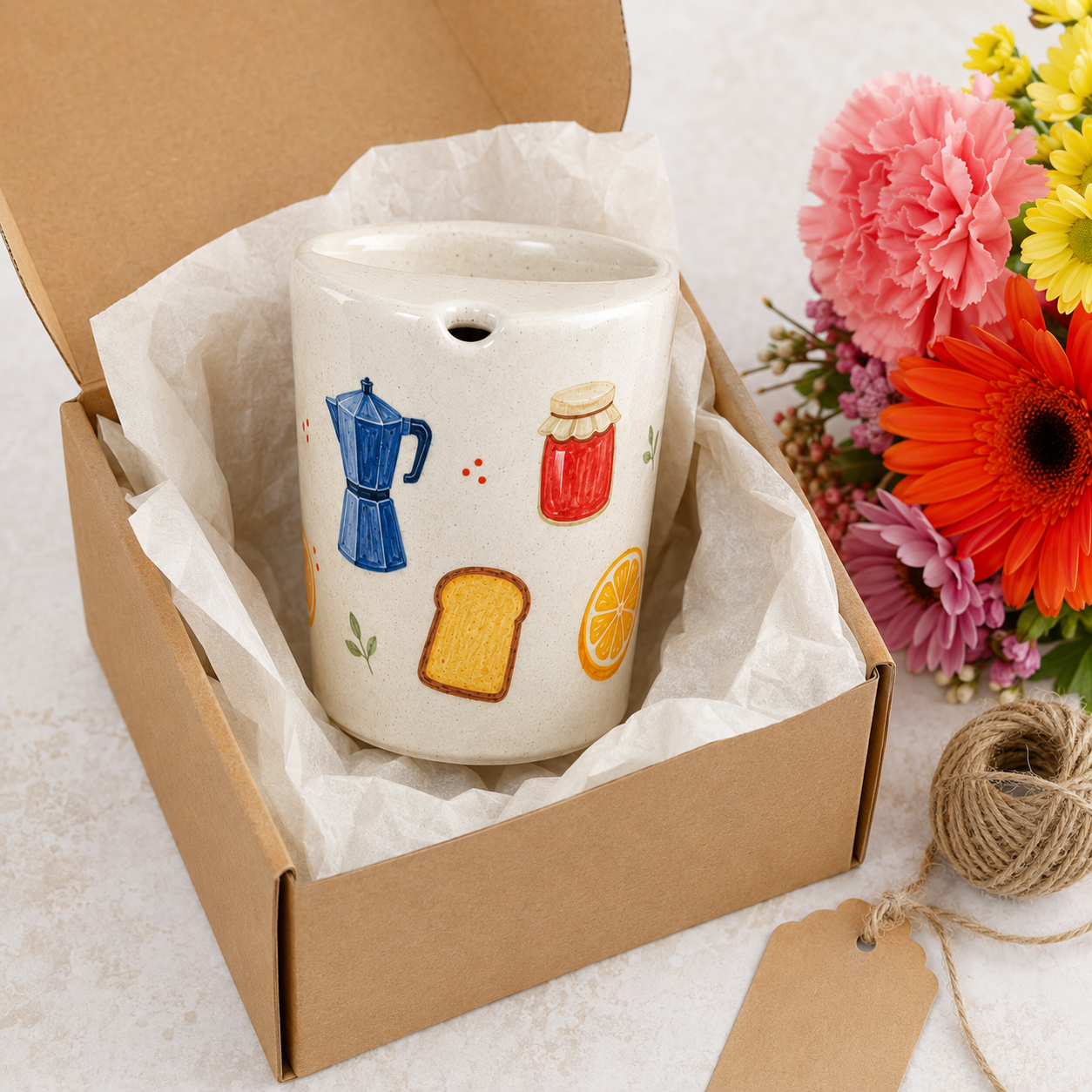 Hand-Painted Breakfast Ceramic Travel Mug