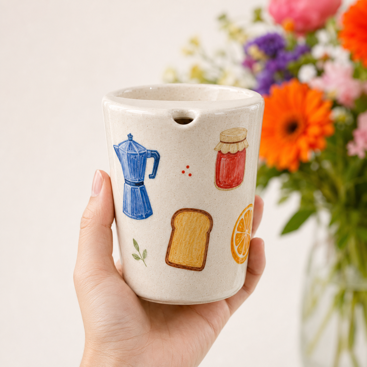 Hand-Painted Breakfast Ceramic Travel Mug