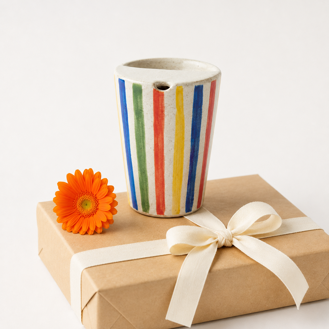 Hand-Painted Colour Stripe Ceramic Travel Mug