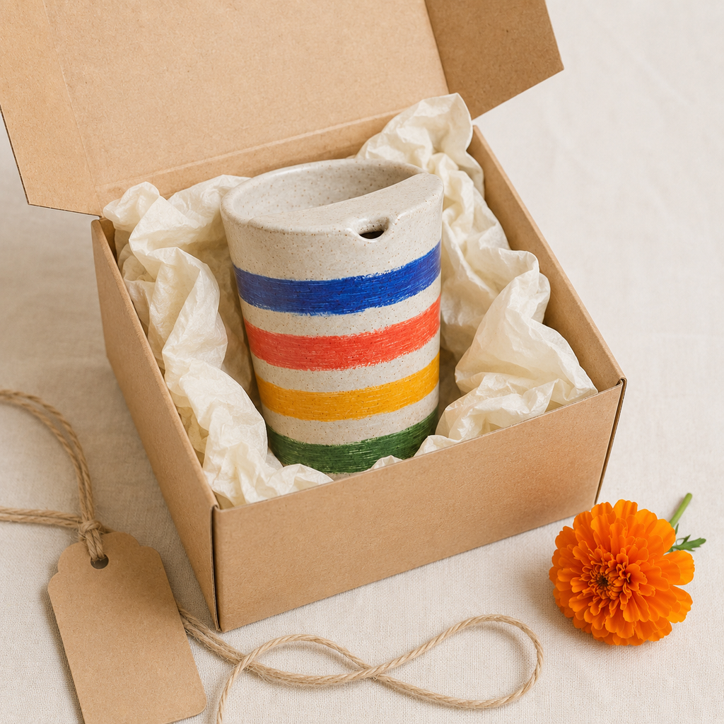 Bright Hand-Painted Stripe Ceramic Travel Mug