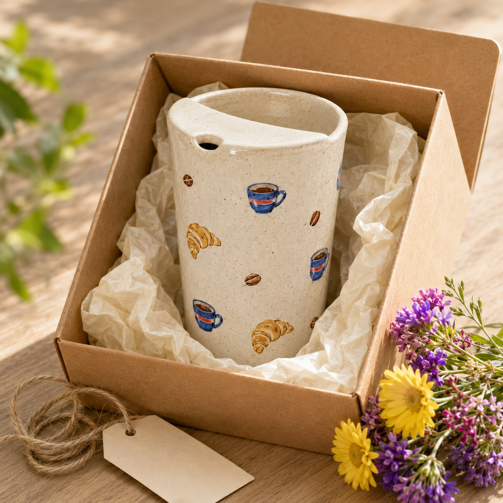 Hand-Painted Café Ceramic Travel Mug