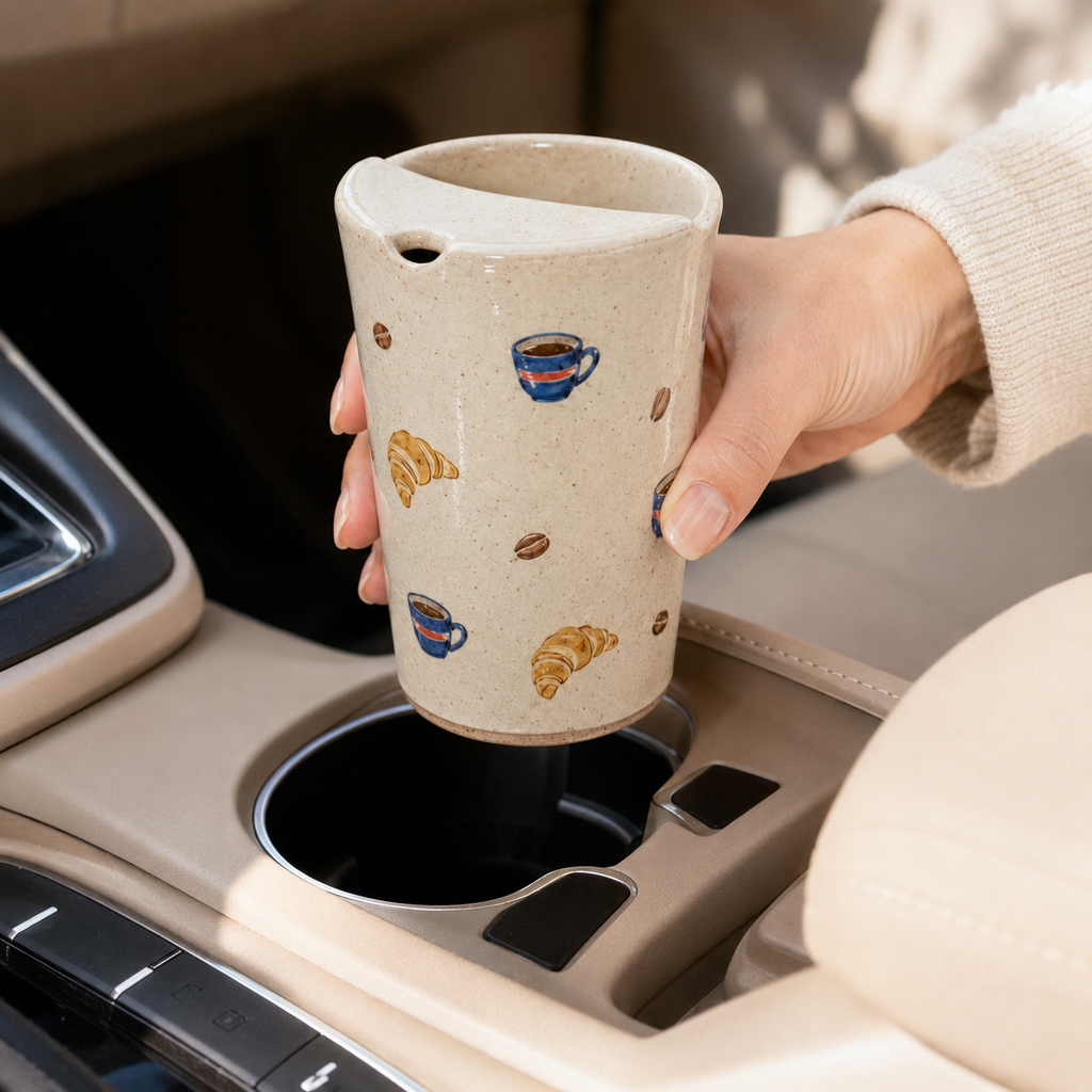 Hand-Painted Café Ceramic Travel Mug