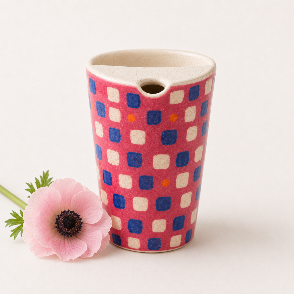 Raspberry Pink Hand-Painted Checker Ceramic Travel Mug