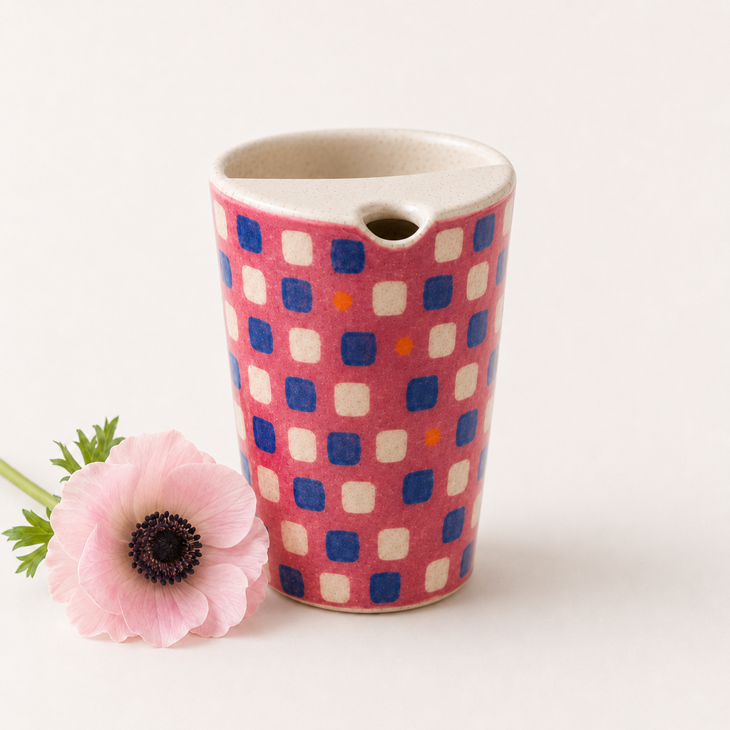 Raspberry Pink Hand-Painted Checker Ceramic Travel Mug