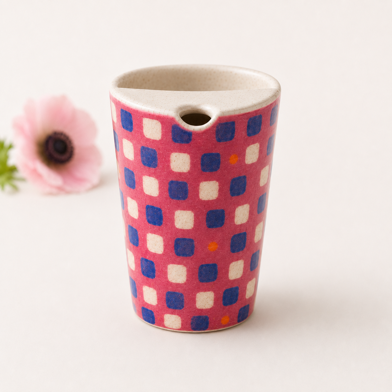 Raspberry Pink Hand-Painted Checker Ceramic Travel Mug