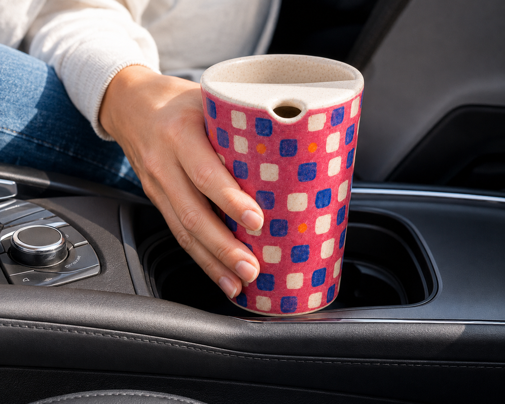 Raspberry Pink Hand-Painted Checker Ceramic Travel Mug