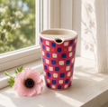 Raspberry Pink Hand-Painted Checker Ceramic Travel Mug