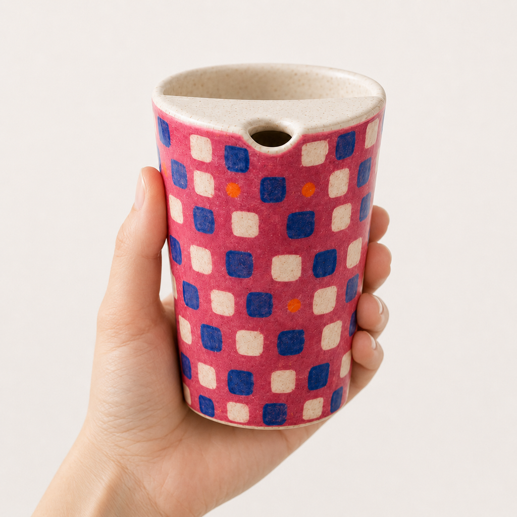 Raspberry Pink Hand-Painted Checker Ceramic Travel Mug