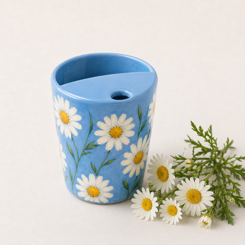 Hand-Painted Sky Blue Daisy Ceramic Travel Mug