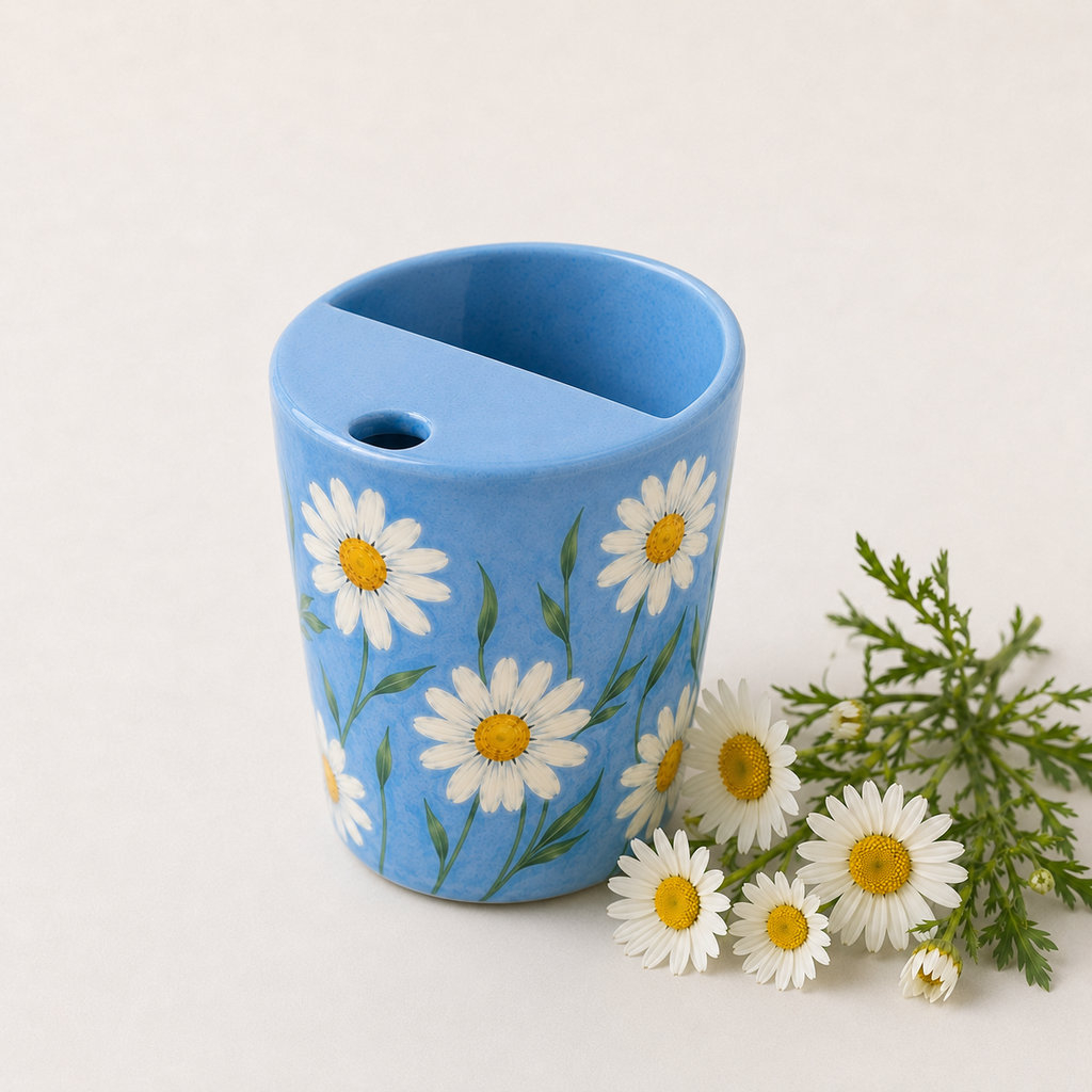 Hand-Painted Sky Blue Daisy Ceramic Travel Mug
