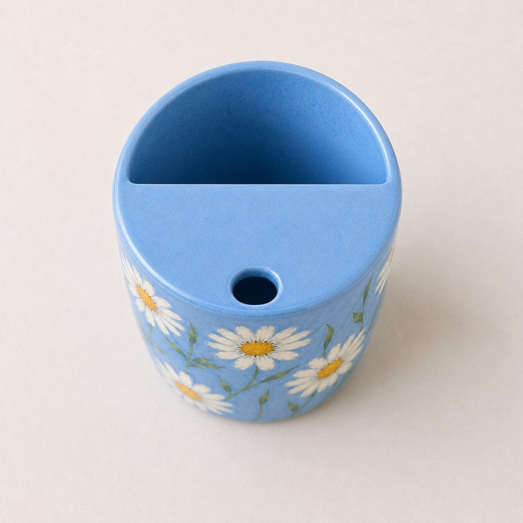 Hand-Painted Sky Blue Daisy Ceramic Travel Mug