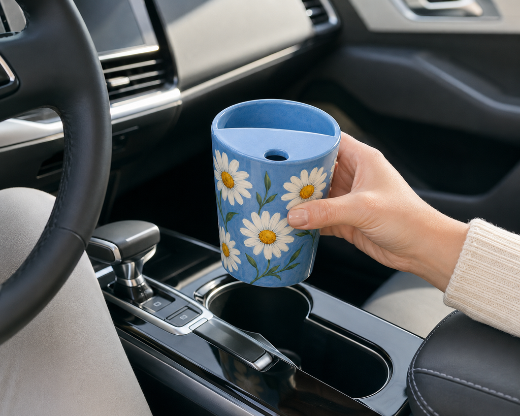 Hand-Painted Sky Blue Daisy Ceramic Travel Mug