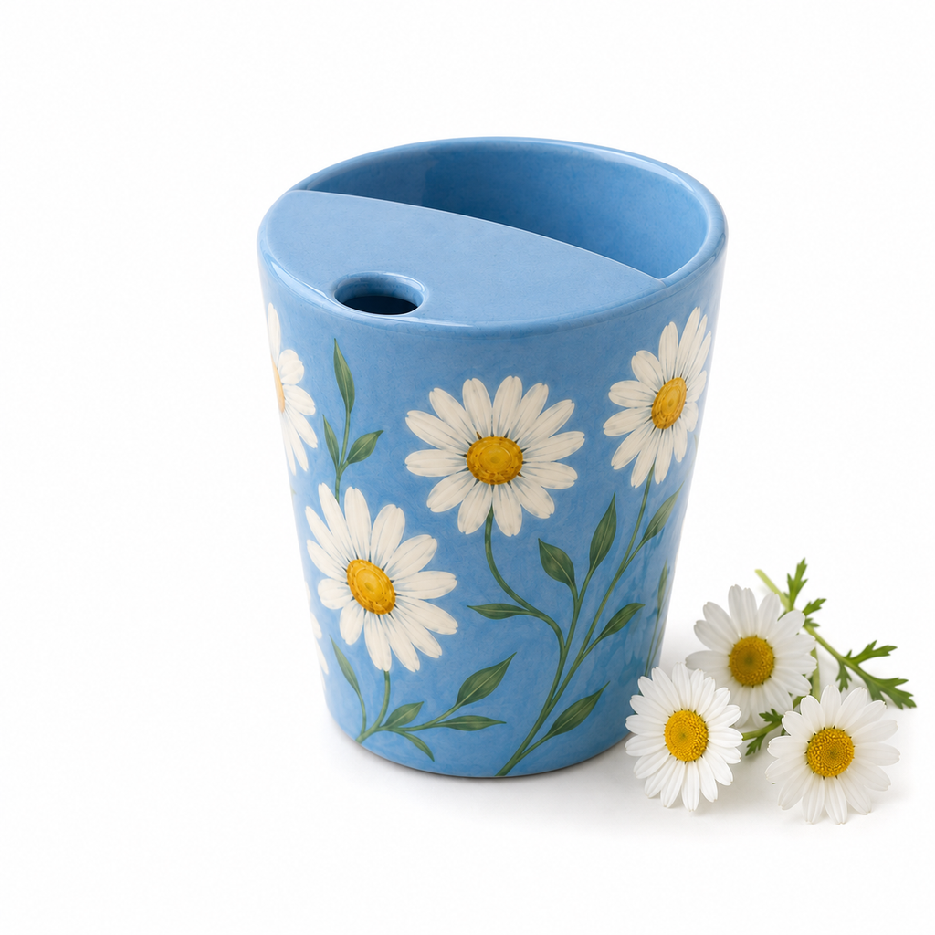 Hand-Painted Sky Blue Daisy Ceramic Travel Mug