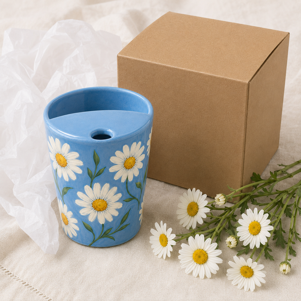 Hand-Painted Sky Blue Daisy Ceramic Travel Mug